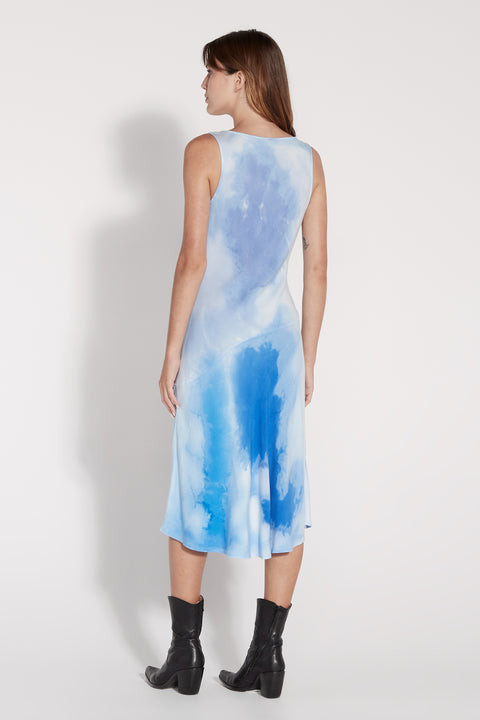Blue Patchwork Water Color Viscose Linda Midi Dress Full Back View   View 3 