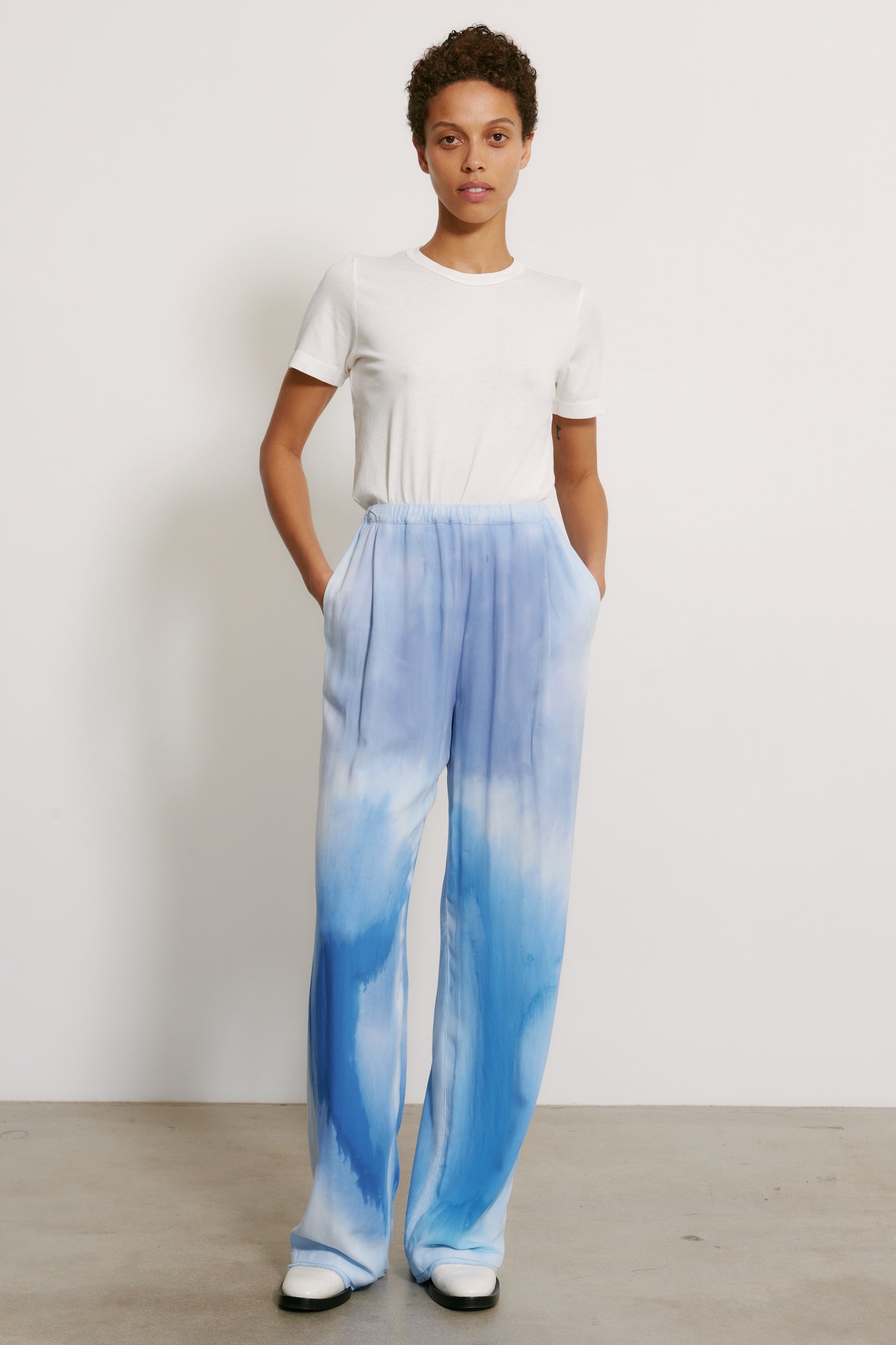 Blue Patchwork  Water Color Viscose Ione Pant Full Front View