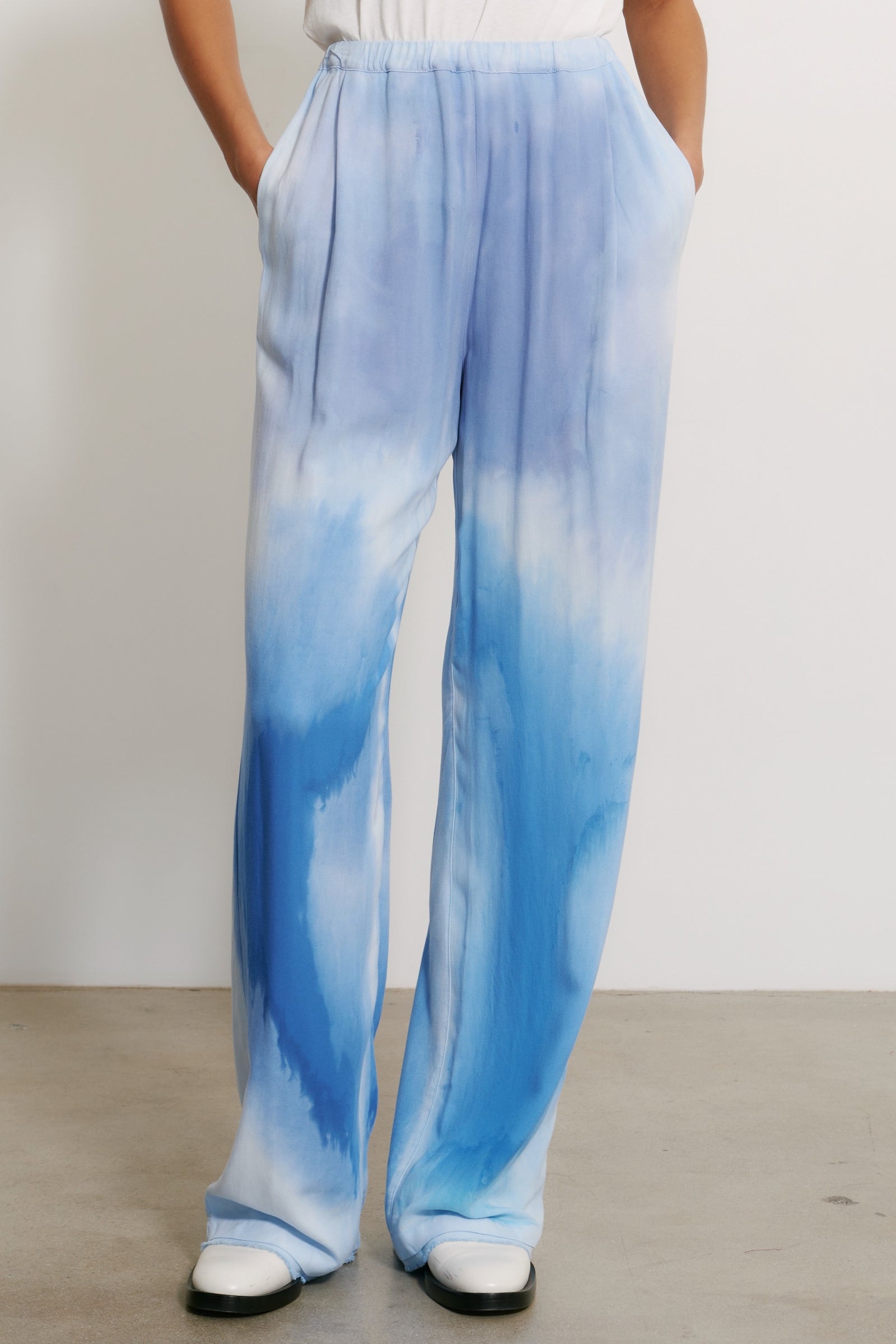 Blue Patchwork  Water Color Viscose Ione Pant  Front Close-Up View