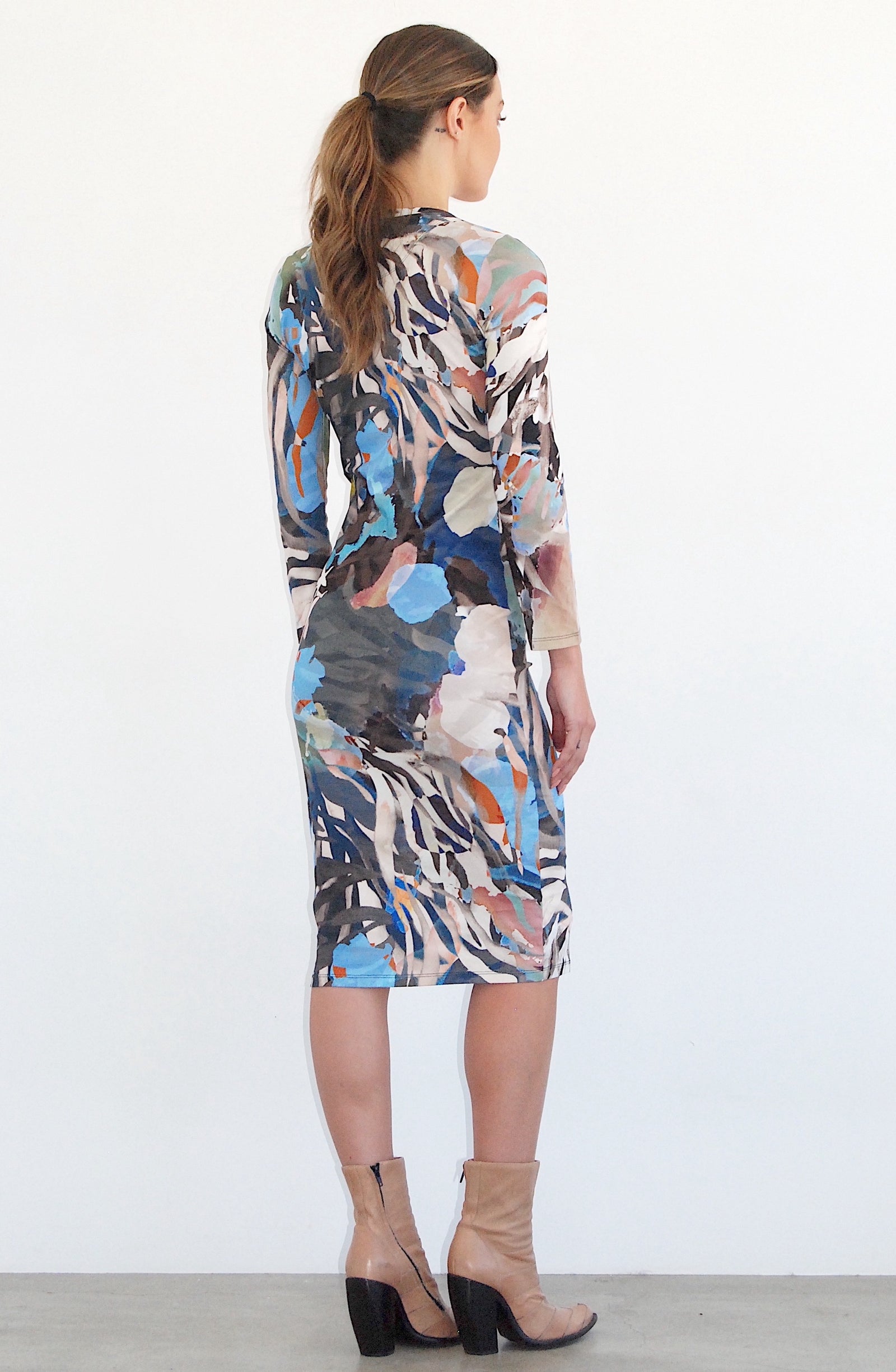 Blue Collage Print Long Sleeve Jerry Dress