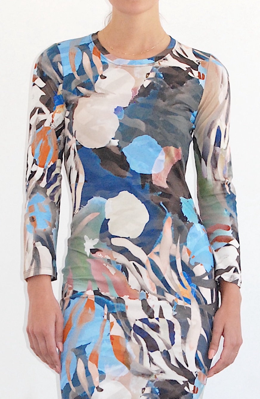 Blue Collage Print Long Sleeve Jerry Dress
