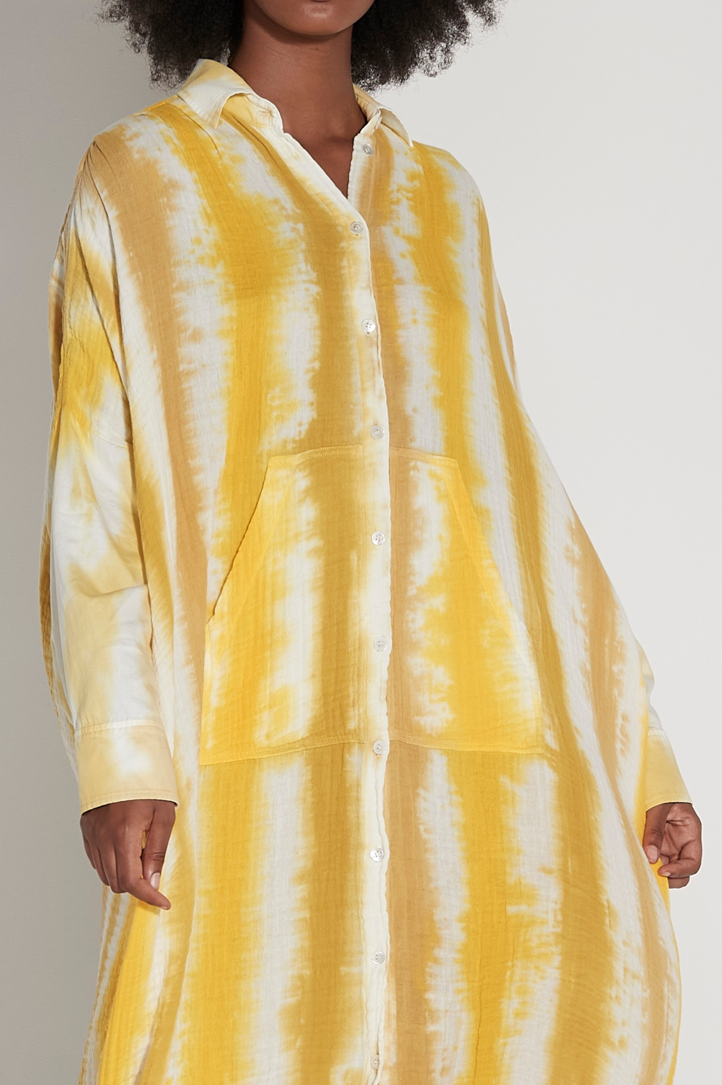 Yellow Stripes Caftan Shirt Front Close-Up View