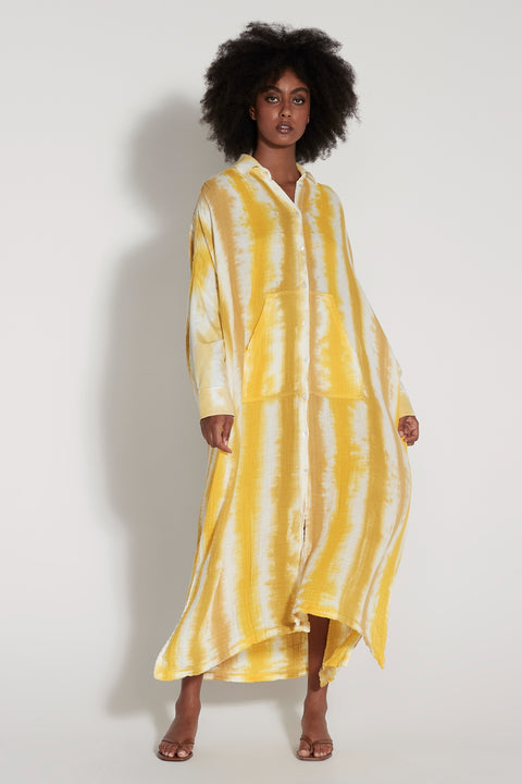 Yellow Stripes Caftan Shirt Full Front View   View 1 