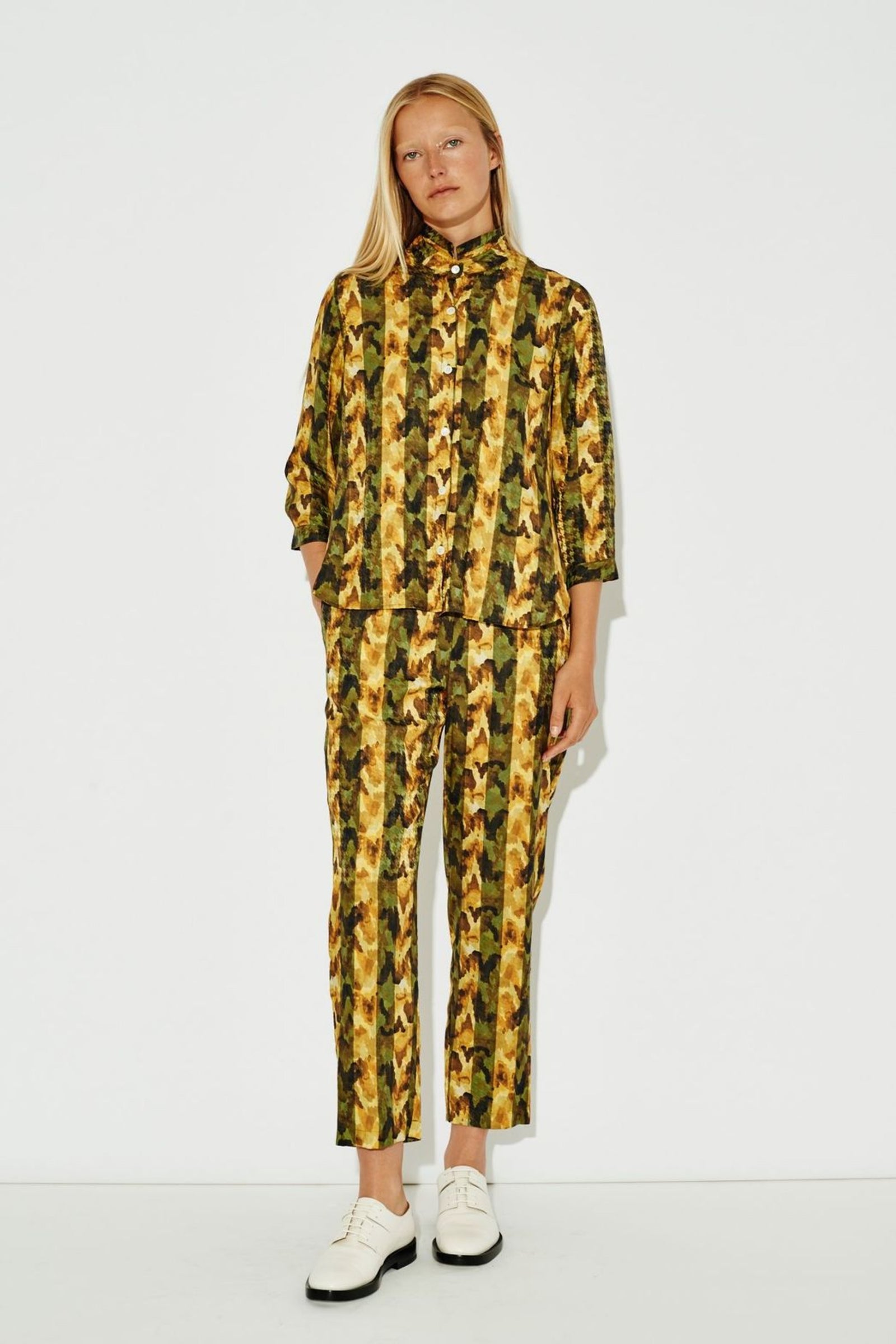 Yellow Trees Printed Silk Lauren Blouse Full Front View